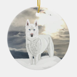 Blauwe ogen, witte Husky, in sneeuw Keramisch Ornament