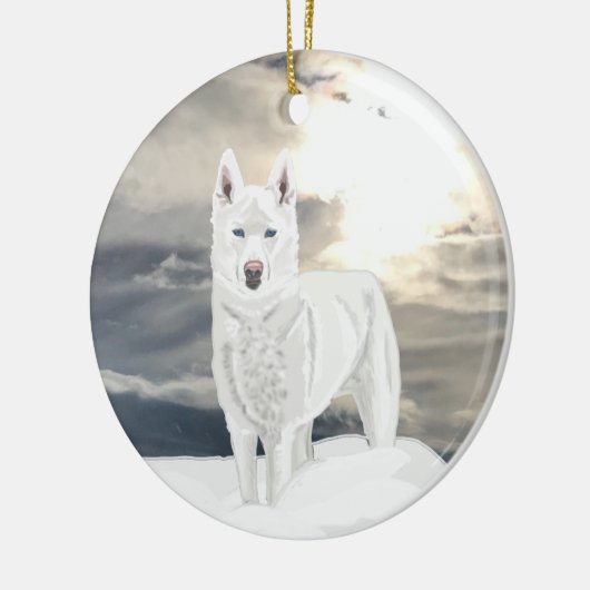 Blauwe ogen, witte Husky, in sneeuw Keramisch Ornament (Links)