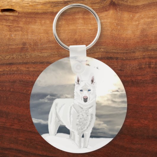 Blauwe ogen, witte Husky, in sneeuw met Artic Sky Sleutelhanger (Achterkant)