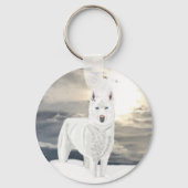 Blauwe ogen, witte Husky, in sneeuw met Artic Sky Sleutelhanger (Achterkant)