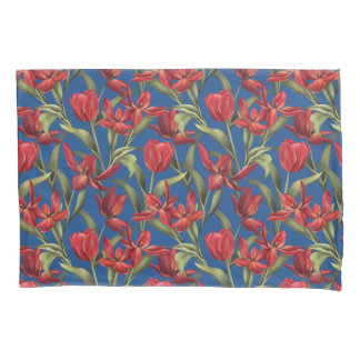 Blauwe olietachtergrond met rode tulpen kussensloop