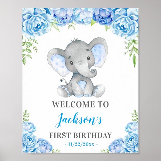 Blauwe olifant 1e 2e 3e verjaardag van de feestdag poster (Voorkant)