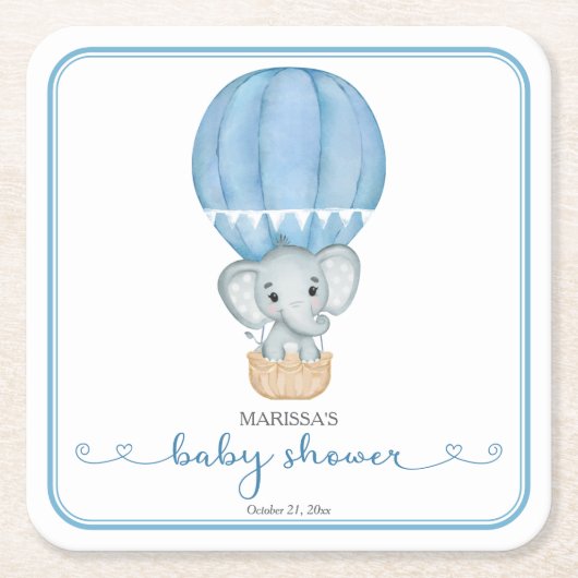 Blauwe Olifant Baby Jongen Douche Kartonnen Onderzetters (Voorkant)