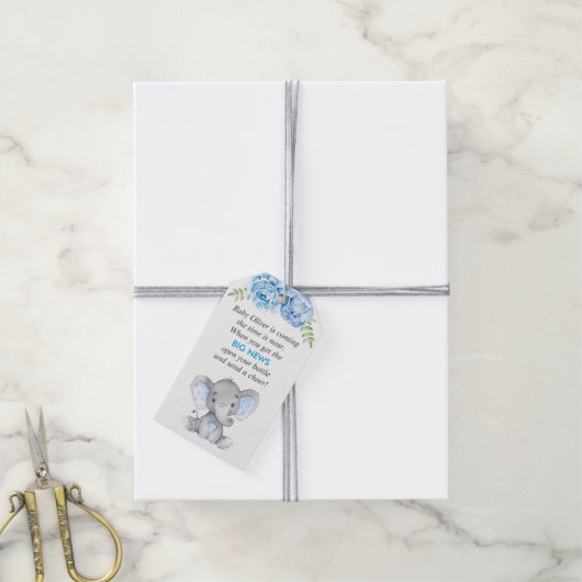 Blauwe Olifant Baby Jongen Douche Mini Fles Favor Cadeaulabel (Met Touw)