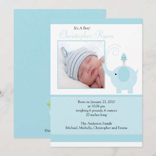 Blauwe Olifant Baby Jongen Foto Aankondigingskaart Aankondiging (Voorkant / Achterkant)