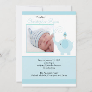 Blauwe Olifant Baby Jongen Foto Aankondigingskaart Aankondiging