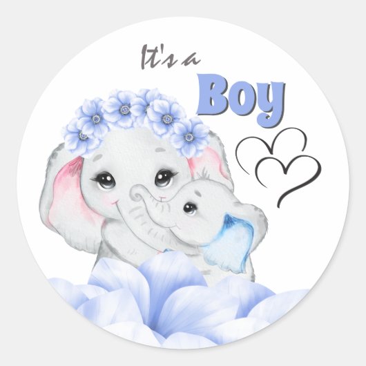 Blauwe olifant baby jongen geboorte aankondiging ronde sticker (Voorkant)