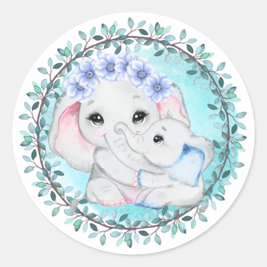 Blauwe olifant baby jongen mam leaf borstgeboorte ronde sticker (Voorkant)