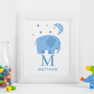 Blauwe olifant. Baby jongen monogram kinderkamer Poster