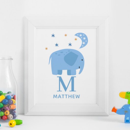Blauwe olifant. Baby jongen monogram kinderkamer Poster