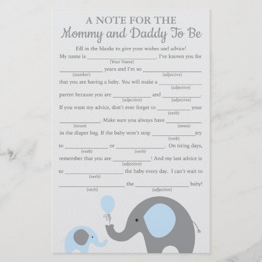 Blauwe Olifant Baby Shower Advies Spelkaarten (Voorkant)