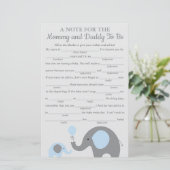 Blauwe Olifant Baby Shower Advies Spelkaarten (Staand voorkant)