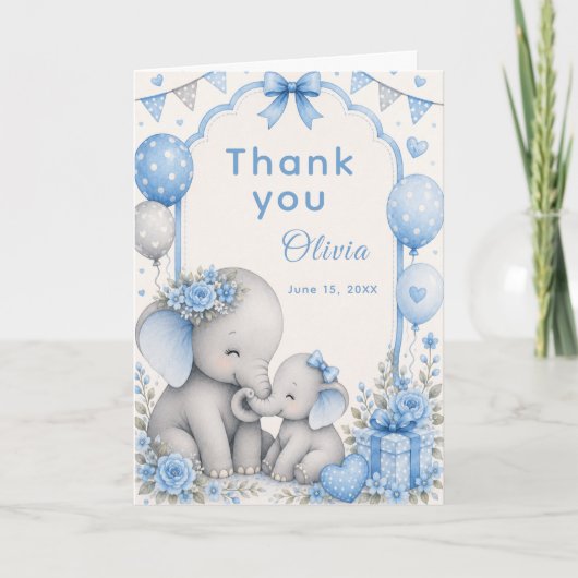 Blauwe Olifant Baby Shower Bedankkaart (Voorkant)