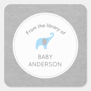 Blauwe olifant baby shower boekenplaat vierkante sticker
