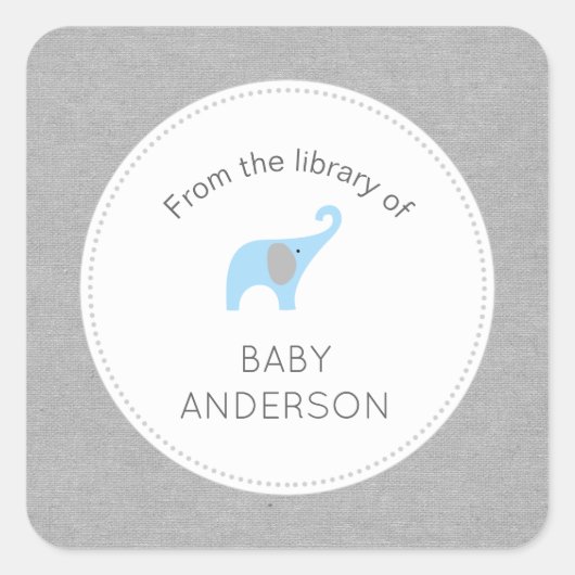 Blauwe olifant baby shower boekenplaat vierkante sticker (Voorkant)