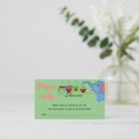 Blauwe olifant baby shower luier loterij ticket informatiekaartje (Staand voorkant)