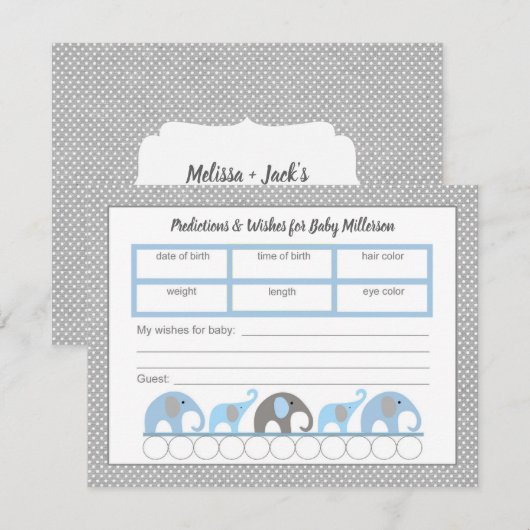 Blauwe olifant Baby shower Prediced game Kaart (Voorkant / Achterkant)