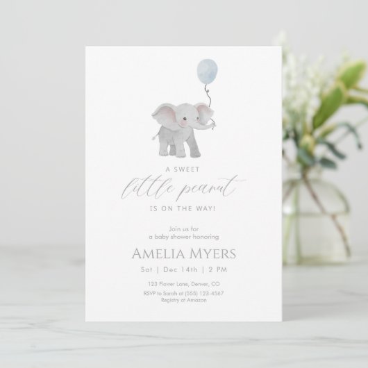 Blauwe Olifant Baby Shower Uitnodiging (Staand voorkant)