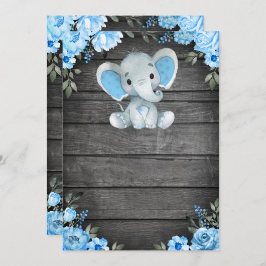 Blauwe olifant Baby shower-uitnodiging sjabloon Kaart (Voorkant / Achterkant)