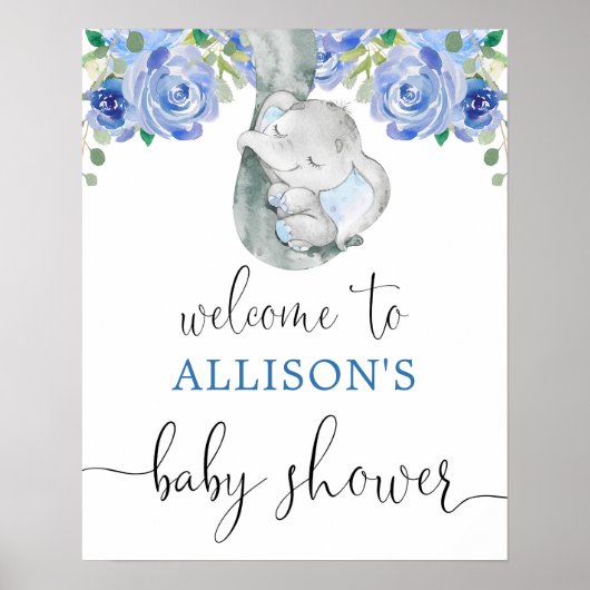 Blauwe olifant baby shower welkomstbord poster (Voorkant)