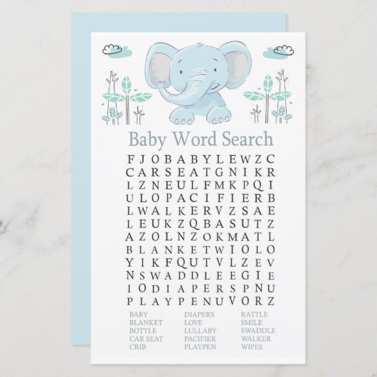 Blauwe olifant Baby shower Word Search Game (Voorkant / Achterkant)
