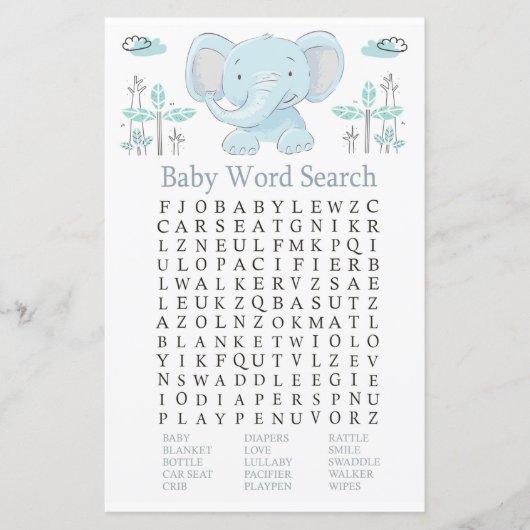 Blauwe olifant Baby shower Word Search Game (Voorkant)