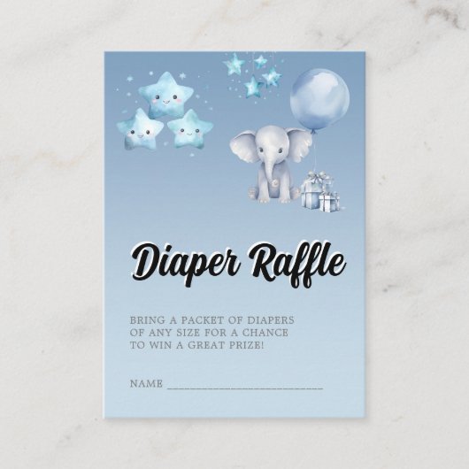 Blauwe Olifant & Ballon Baby shower Luier Raffle Informatiekaartje (Voorkant)
