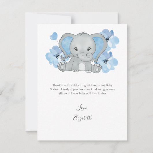 Blauwe olifant ballon bloem baby boy Baby shower Bedankkaart (Voorkant)