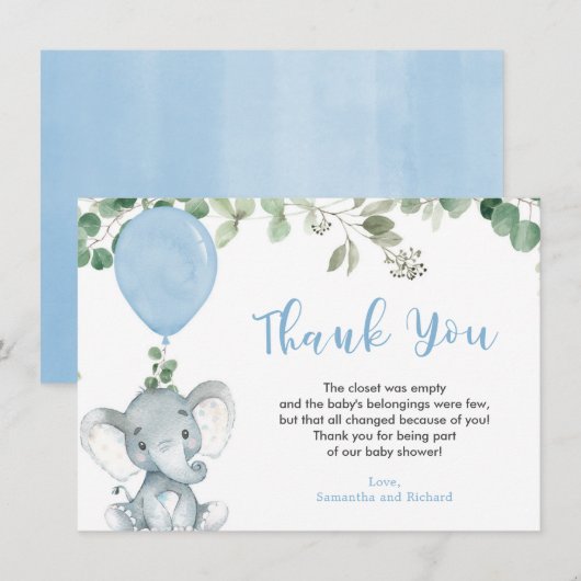 Blauwe olifant ballon eucalyptus groen bedankkaart (Voorkant / Achterkant)