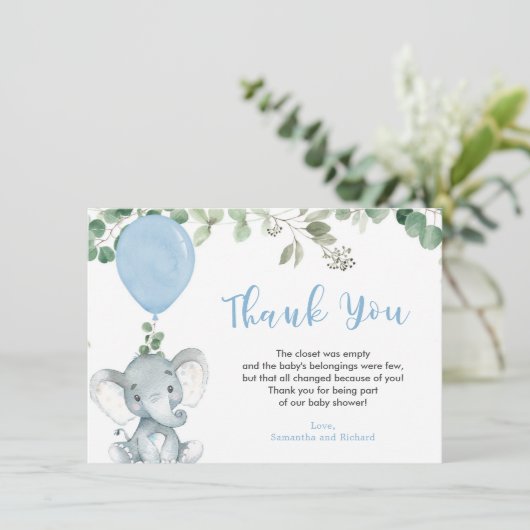 Blauwe olifant ballon eucalyptus groen bedankkaart (Staand voorkant)