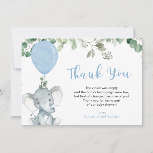Blauwe olifant ballon eucalyptus groen bedankkaart (Voorkant)