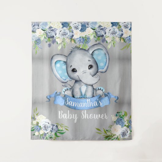 Blauwe Olifant Bloem Foto Achtergrond Baby Shower  Wandkleed (Voorkant)