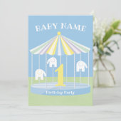 Blauwe olifant carrousel 1e verjaardag kaart (Staand voorkant)