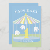 Blauwe olifant carrousel 1e verjaardag kaart (Voorkant / Achterkant)
