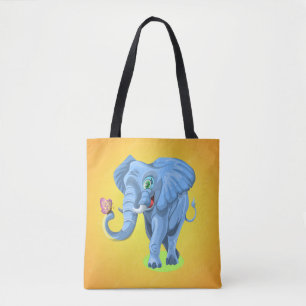 Blauwe olifant die speelt met vlinder tote bag