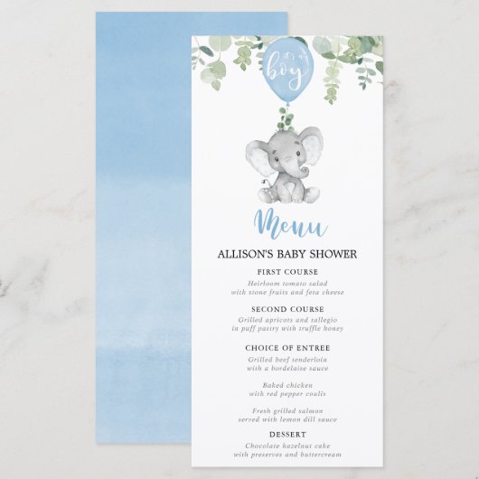 Blauwe olifant en ballonnen babyshower menu (Voorkant / Achterkant)