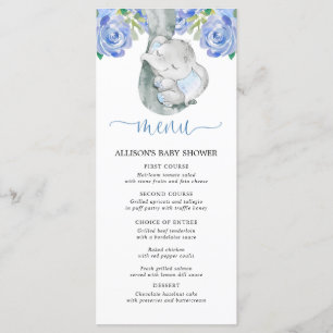 Blauwe olifant florale waterverf baby shower menu