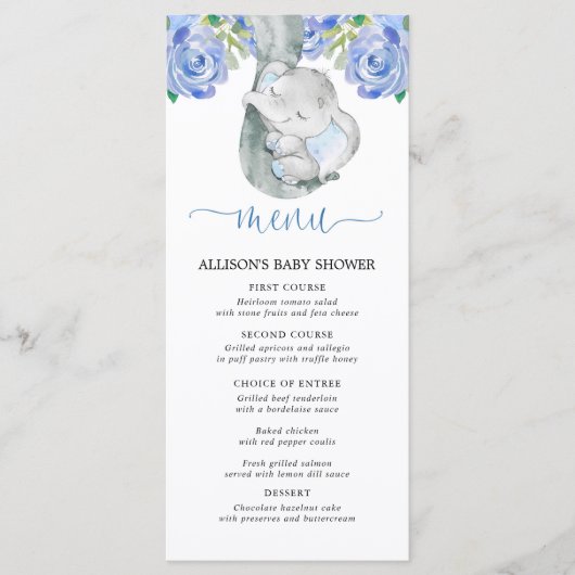 Blauwe olifant florale waterverf baby shower menu (Voorkant)