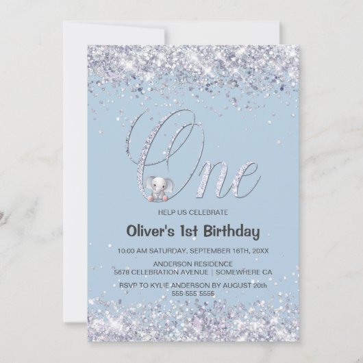 Blauwe olifant Glitter 1e verjaardag Kaart (Voorkant)