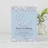 Blauwe olifant Glitter 1e verjaardag Kaart (Staand voorkant)