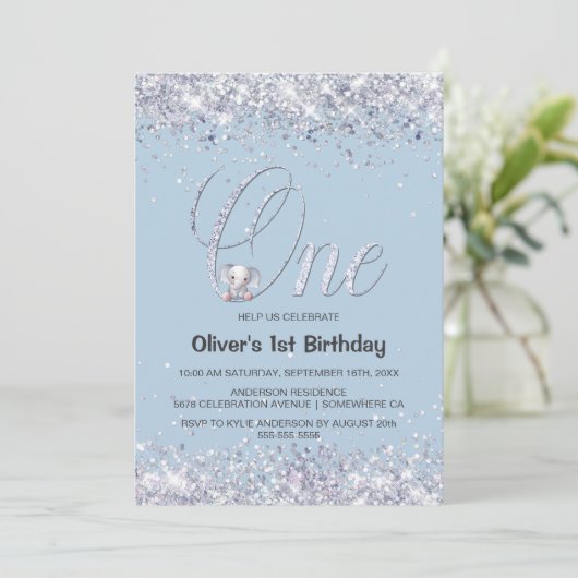 Blauwe olifant Glitter 1e verjaardag Kaart (Staand voorkant)