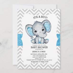 Blauwe Olifant Glitter Chevron Baby Shower Kaart