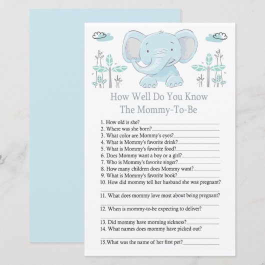 Blauwe olifant Hoe goed ken je baby shower? (Voorkant / Achterkant)