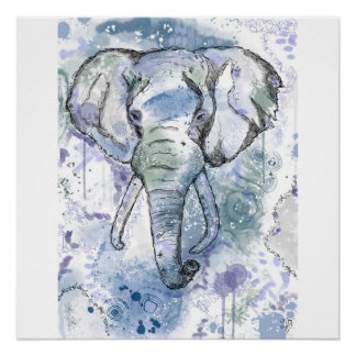 Blauwe olifant hoofd print perfect poster
