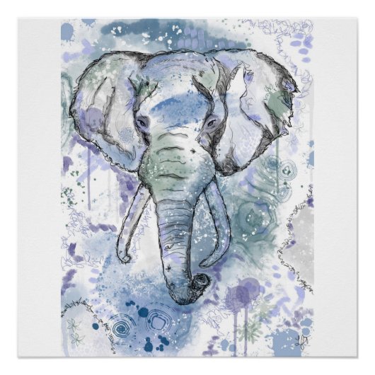 Blauwe olifant hoofd print perfect poster (Voorkant)