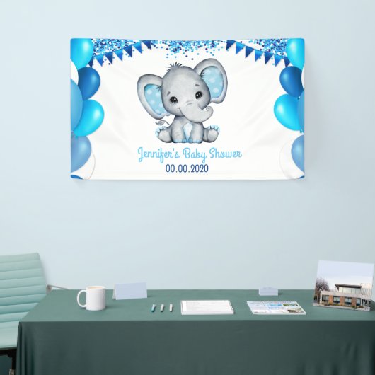 Blauwe olifant met ballonnen banenschower spandoek (Beurs)