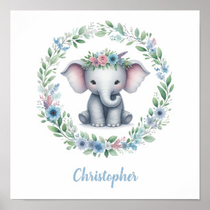 Blauwe Olifant met Bloemenkrans Poster