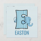 Blauwe olifant met brief E Kinderen met geboorteda Kaart (Voorkant / Achterkant)