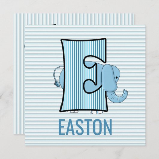 Blauwe olifant met brief E Kinderen met geboorteda Kaart (Voorkant / Achterkant)