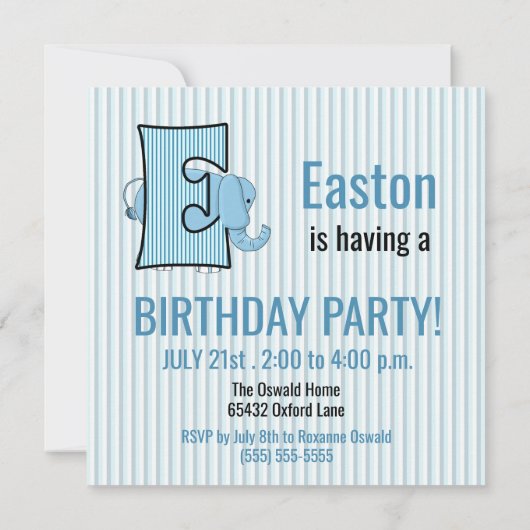 Blauwe olifant met brief E Kinderen met geboorteda Kaart (Achterkant)